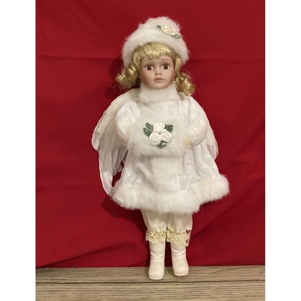 Vtg Victorian Porcelain Angel Doll Figurine Feather Wings Muff Blonde Curls 10"